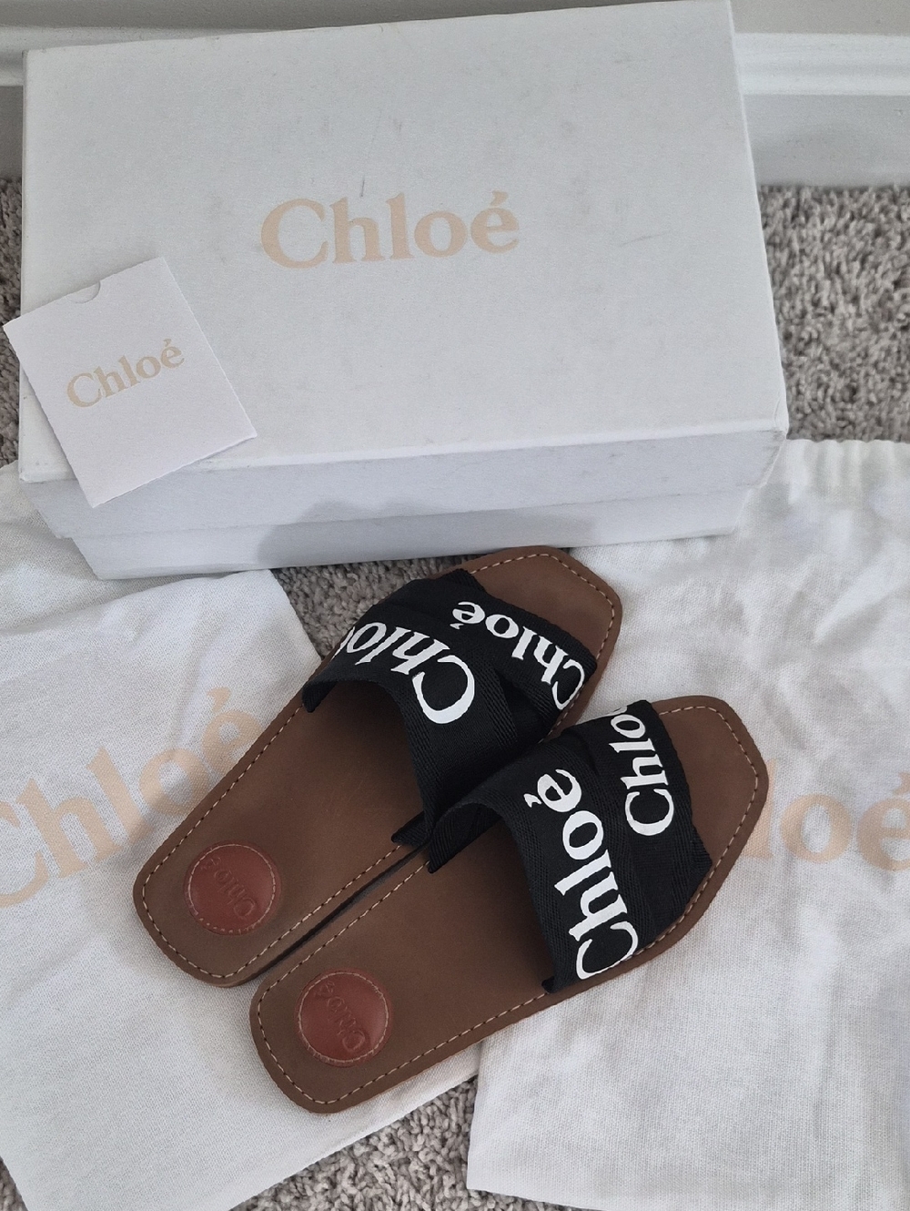 Chloé Black Canvas Logo Slide Sandals with Brown Leather Footbed